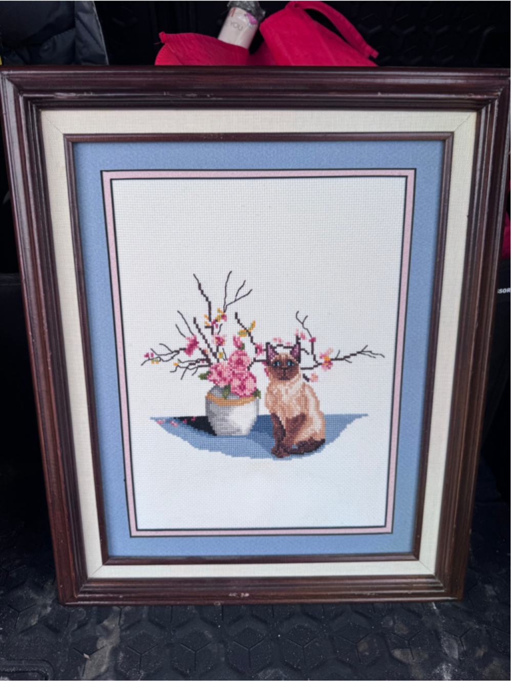 Framed Siamese Cat Cross Stitch Art,
